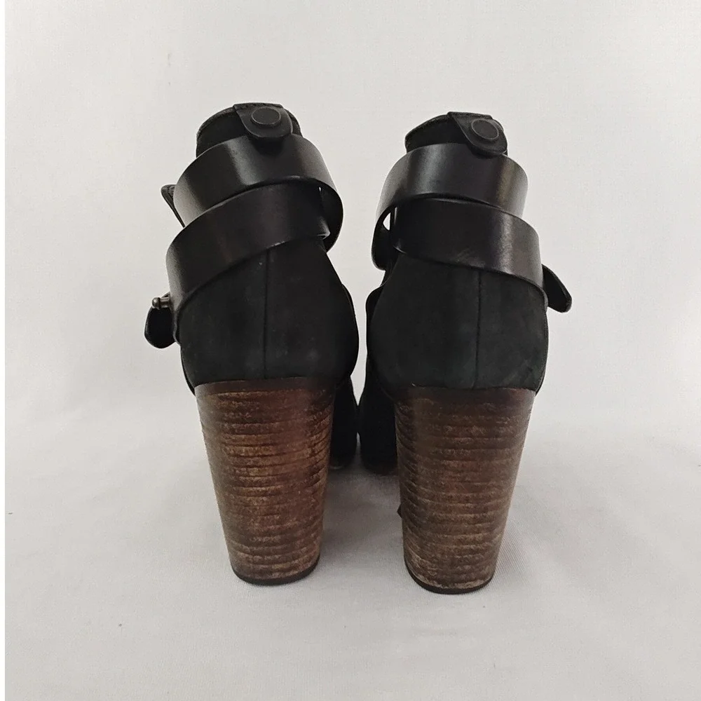 Rag & Bone Harrow Black Suede Leather‎ Stacked Heeled Ankle Strap Bootie size 37